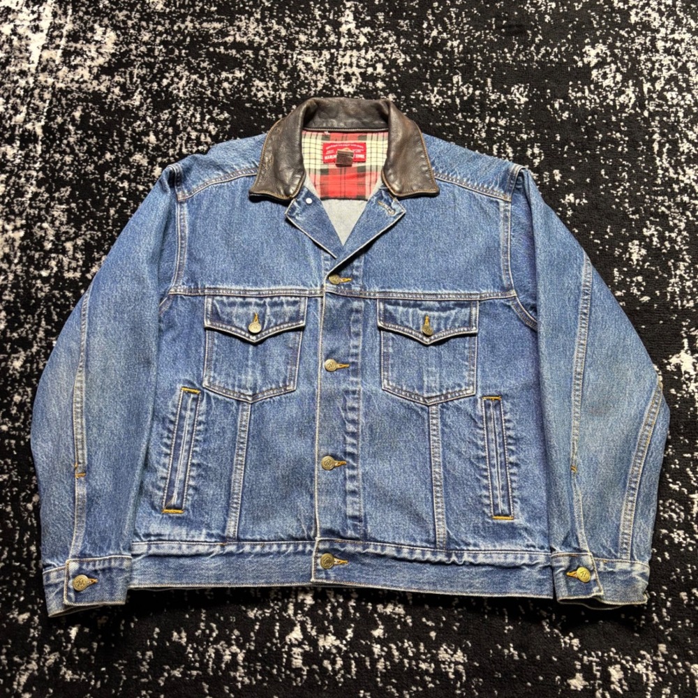 Vintage Marlboro Denim Jacket Blue Leather Trim Collar Mens M